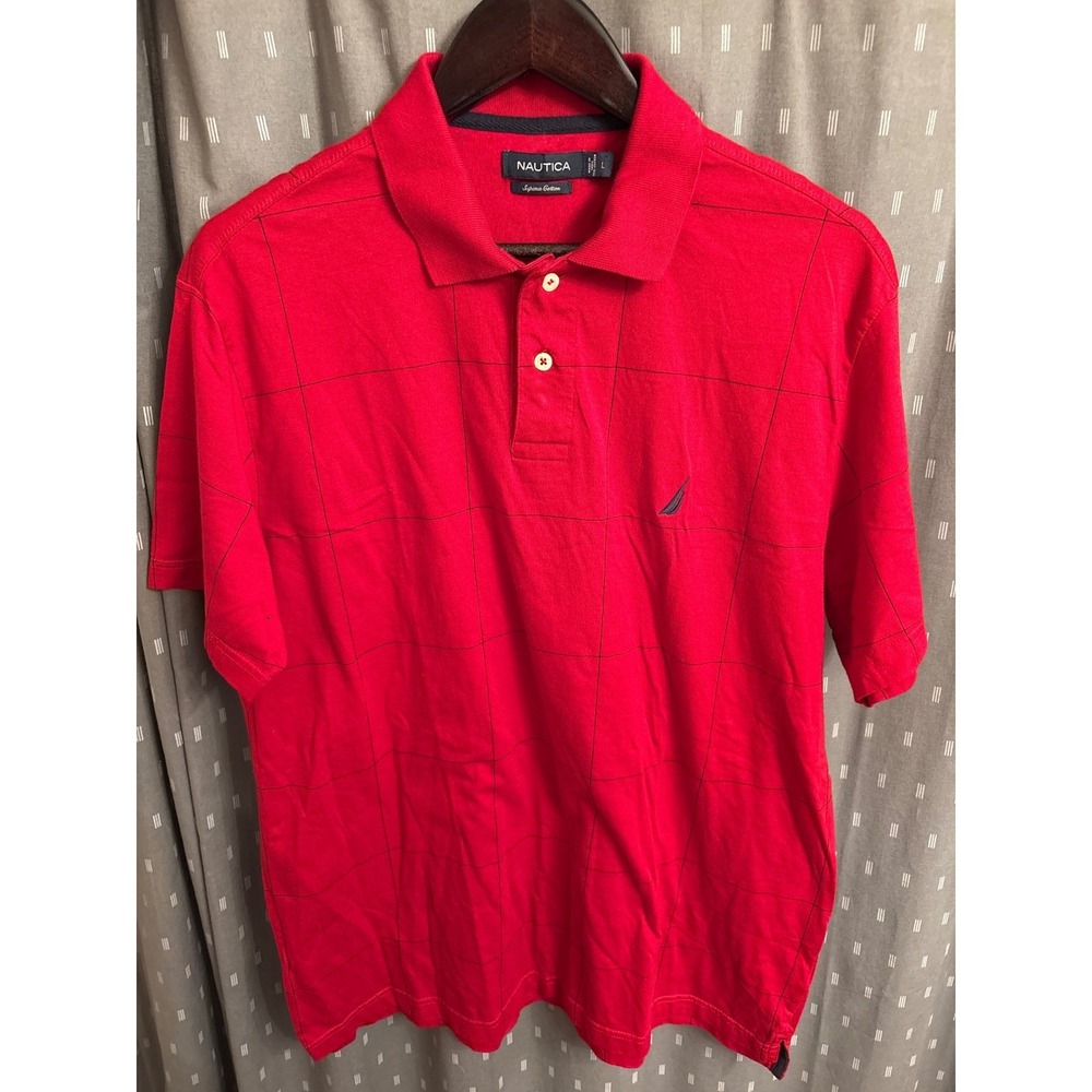 Nautica Mens Supima Cotton Polo Shirt Red Windowpane Grid Short Sleeve Large